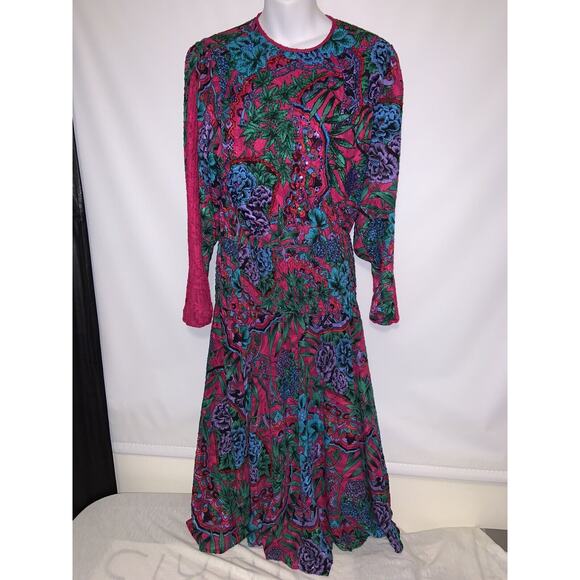 Diane Freis Vintage Maxi Dress W/ Sash Beaded Floral Print Size Medium /Large? - Picture 2 of 8